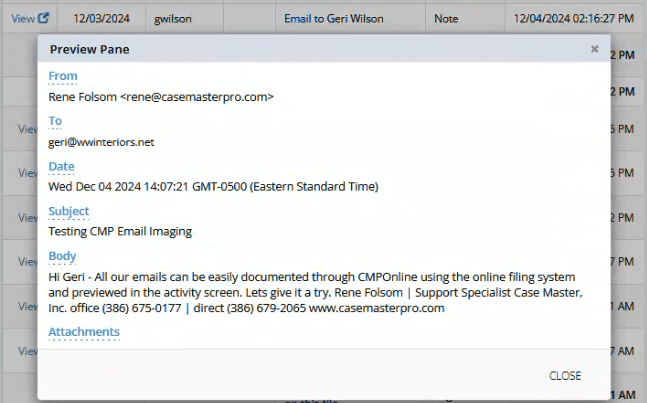 CMPOnline Outlook Email Activity Preview